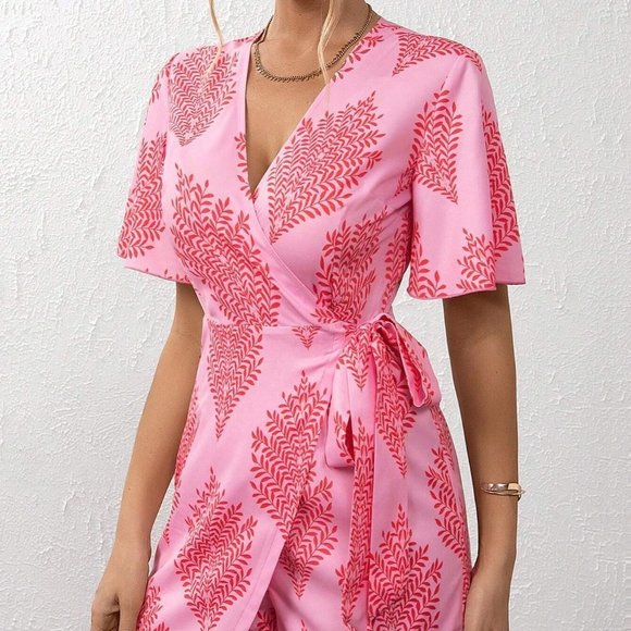 Pink Boho Womens Allover Print Knot Side Wrap Romper - Picture 4 of 5